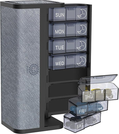 7-Day AM/PM Pill Organizer with Scratch-Resistant Leather Case - Portable Weekly Travel Medicine Box with Detachable Daily Pods & Privacy Design (Silver Black)