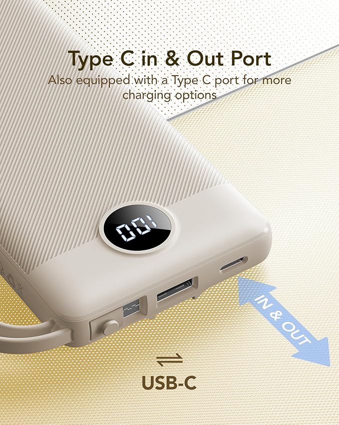 VRURC Portable Charger Power Bank,10000mAh Travel Essentials Battery Pack, 5 Outputs 2 Inputs Slim USB C Charging Bank Built-in Cables Cords for iPhone 17 16 15 13,Samsung,Android-Light Coffee(1 Pack)