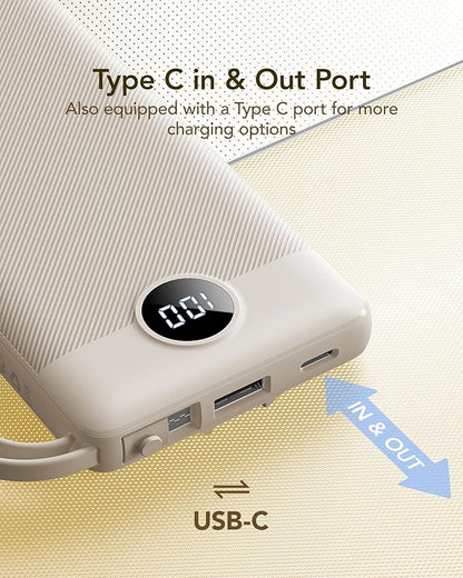 VRURC Portable Charger Power Bank,10000mAh Travel Essentials Battery Pack, 5 Outputs 2 Inputs Slim USB C Charging Bank Built-in Cables Cords for iPhone 17 16 15 13,Samsung,Android-Light Coffee(1 Pack)