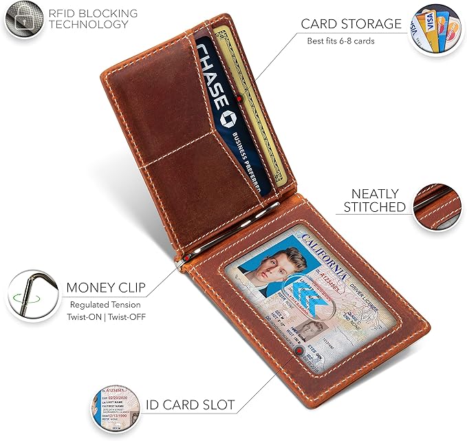 SERMAN BRANDS RFID Blocking Wallet Slim Bifold - Genuine Leather Minimalist Front Pocket Wallets for Men with Money Clip Gift (Canyon Red)