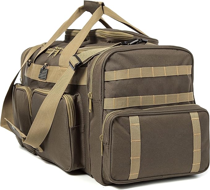 K-Cliffs Tactical Range Duffel Heavy Duty Large Gear Duffle Durable Quality Travel Sports Gym Equipment Bag Military Molle with Lockable Zippers with US Flag Patch 33 Inch Khaki