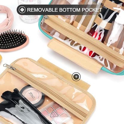 Travel Hanging Toiletry Bag for Women, with Jewelry Organizer Compartment, Medium Waterproof Hanging Makeup Accessories, Cosmetic Essentials, Toiletries Dopp Kit Set with Trolley Belt, Blue