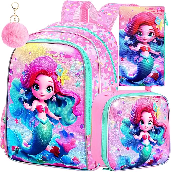 WZLVO 3PCS Mermaid Backpack for Girls, 16'' Kids Preschool Bookbag with Lunch Box, Cute Water Resistant School Bag Set for Elementary Kindergarten Toddler