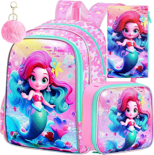 WZLVO 3PCS Mermaid Backpack for Girls, 16'' Kids Preschool Bookbag with Lunch Box, Cute Water Resistant School Bag Set for Elementary Kindergarten Toddler