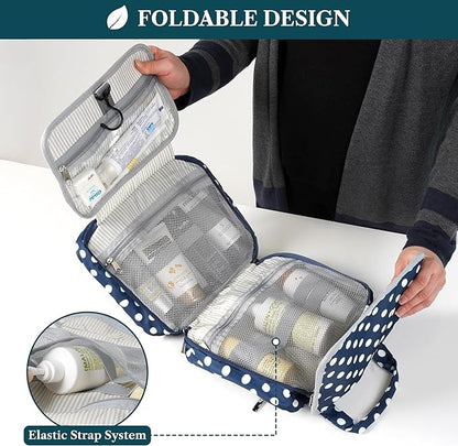 PAVILIA Hanging Toiletry Bag Travel Bag Women Men, Foldable Cosmetic Organizer, Roll up Makeup Bag, Water Resistant Accessories Toiletries, Large Travel Essentials Kit (Navy Polka Dot)