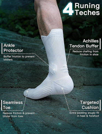 Mens Bamboo Viscose Crew Compression Running Socks Athletic Hiking Cushioned Wicking Anti-Blister Seamless