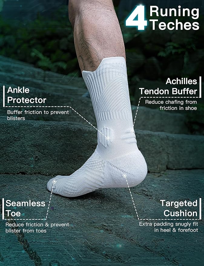Mens Bamboo Viscose Crew Compression Running Socks Athletic Hiking Cushioned Wicking Anti-Blister Seamless