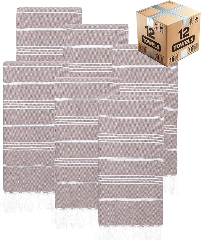 Turkish Beach Towels, Bulk Case of 12 | Oversized, Quick Dry, Sand Free | 100% Cotton, Large 38x71 Towels for Beach, Pool, Travel | Ultra-Soft, Compact, Absorbent | Light Brown