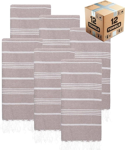 Turkish Beach Towels, Bulk Case of 12 | Oversized, Quick Dry, Sand Free | 100% Cotton, Large 38x71 Towels for Beach, Pool, Travel | Ultra-Soft, Compact, Absorbent | Light Brown