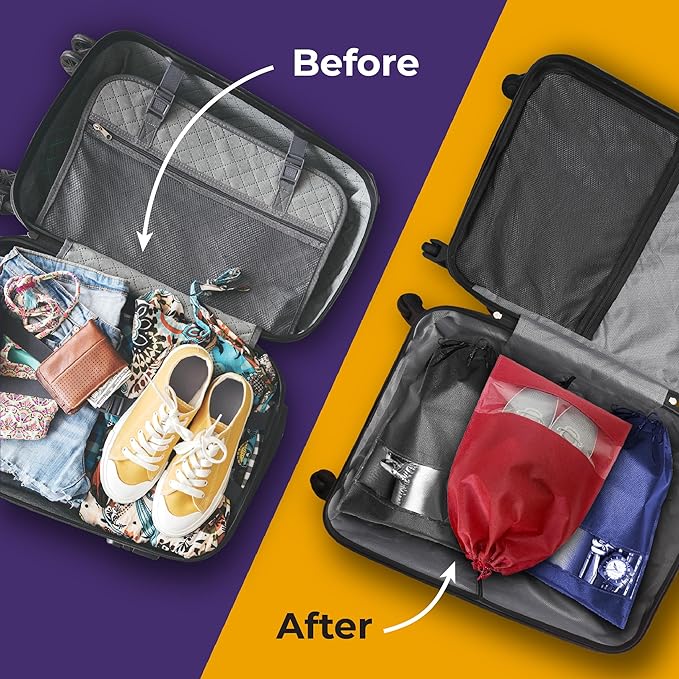 12 PCs Shoe Bags for Travel, Packing, Storage, Organizing & Suitcase. Reusable Dustproof & Water Resistant Sneakers Pouch Protectors with Clear Window & Drawstring. Laundry & Toys (Red + Blue + Black)