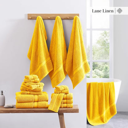 LANE LINEN 18 Pc Luxury Bath Towels Set – Ultra Soft 100% Mercerized Cotton, 6 Bath, 6 Hand Towel & 6 Wash Cloth, Zero Twist, Quick-Dry, Long-Lasting Comfort & Hotel Quality, Machine Washable – Mimosa