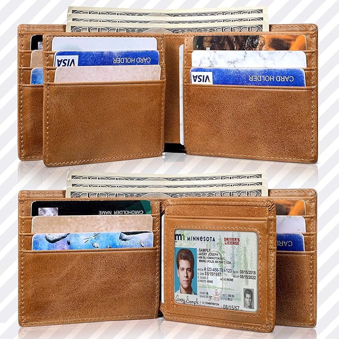 Mens Wallet Genuine Leather Bifold RFID Blocking Wallet for Men with 1 ID Window 13 Card Holders 2 cash pockets 1 Gift Box (Light Brown)