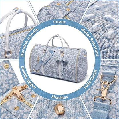Travel Garment Bag for Women, Foldable Carry On Garment Duffle Bag 20.5x10x12.5 Inch, Convertible Overnight Bags with Shoe & Toiletry Pockets for Business Trip, Vacation, Party, Blue-White