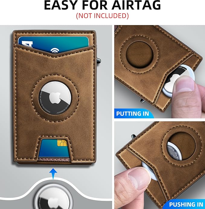 Airtag Wallet for Men,with Money Clip Gift Boxed,Slim Front Pocket Wallet RFID Blocking Metal Case Smart Pop-up Credit Card Holder in Magnetic Leather Flip