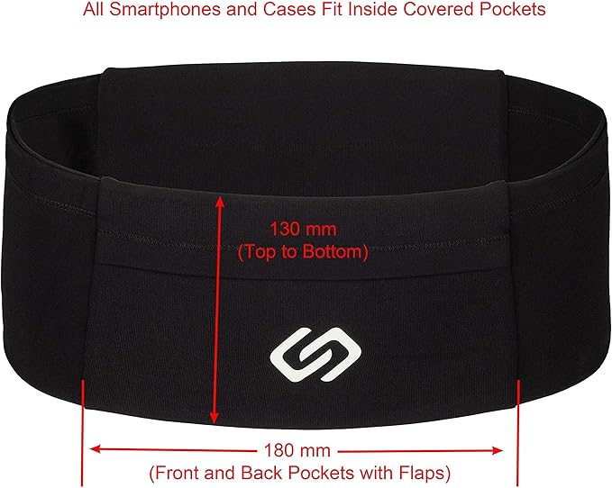 Sporteer VersaMod Running Belt, Workout Waist Pack, Travel Money and Passport Belt for Smartphones and Personal Items (Medium, Black)