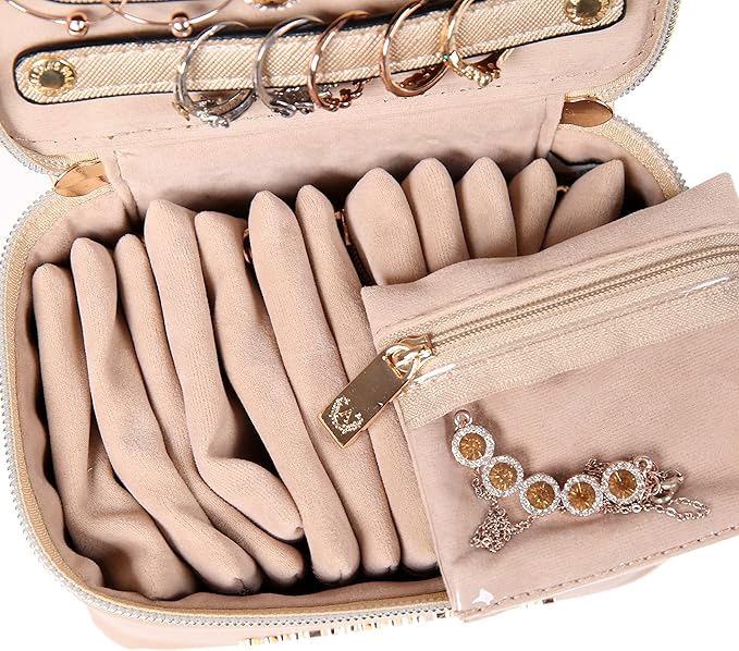 Angelina's Palace Jewelry Organizer Case Bridesmaid Gifts Travel Bag Vegan Leather Box for Necklace Earring Bracelet Ring(champagne)