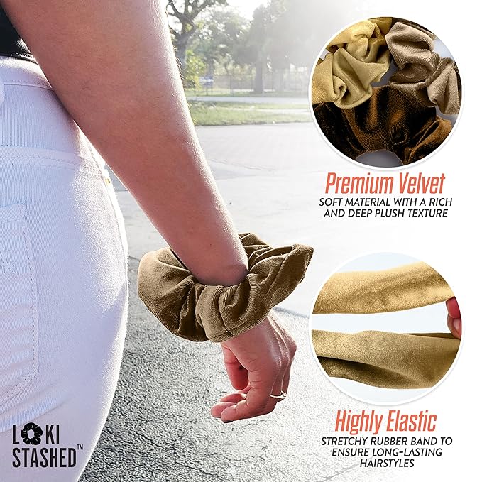 3-PACK Velvet Hair Tie Scrunchies for VSCO Girls & Women, THE ORIGINAL HIDDEN POCKET SCRUNCHIE with Zipper Pocket Storage, Accessories, Small Items, Keys, Money (Golden Hour Set)