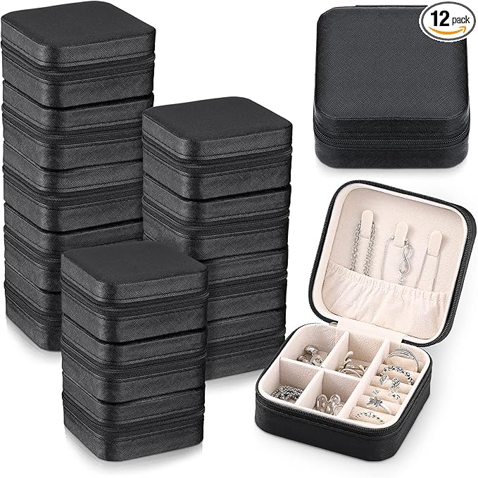 Yinkin 12 Pcs Mini Travel Jewelry Case Bridesmaid Proposal Gift Boxes, Small PU Leather Earring Organizer, Bulk Travel Accessories Portable Jewelry Holder(Black)