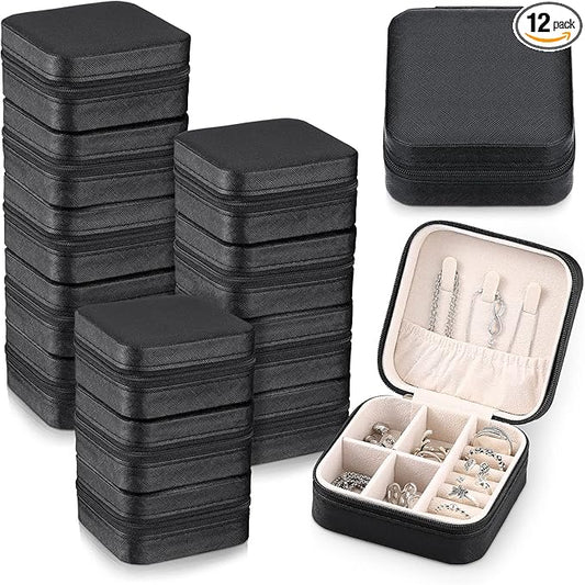 Yinkin 12 Pcs Mini Travel Jewelry Case Bridesmaid Proposal Gift Boxes, Small PU Leather Earring Organizer, Bulk Travel Accessories Portable Jewelry Holder(Black)