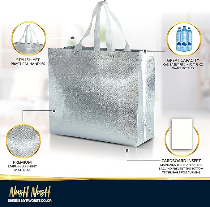 Nush Nush Silver Gift Bags Large Size – Set of 60 Reusable Silver Gift Bags With Handles- Metallic Party Favors Bags In Bulk For Small Business Use In Gifting Events, Christmas, Birthdays - 13Wx5Dx11H