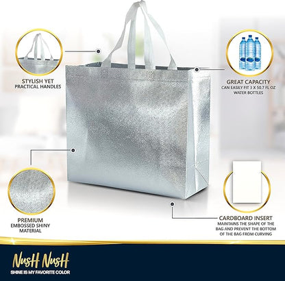 Nush Nush Silver Gift Bags Large Size – Set of 60 Reusable Silver Gift Bags With Handles- Metallic Party Favors Bags In Bulk For Small Business Use In Gifting Events, Christmas, Birthdays - 13Wx5Dx11H