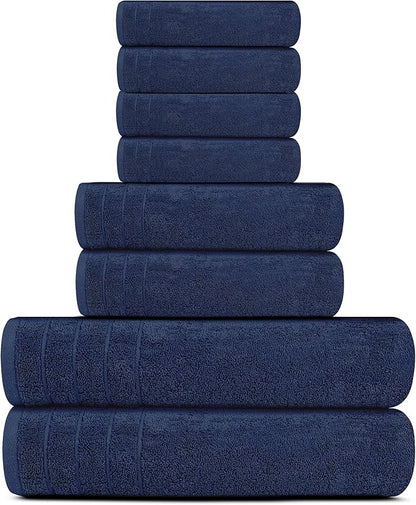 Tens Towels Pack of 8 Towels Set, 2 Extra Large Bath, 2 Hand, 4 Washcloths, 100% Cotton, Lighter Weight, Quicker to Dry, Super Absorbent, Perfect for Bathroom, Navy
