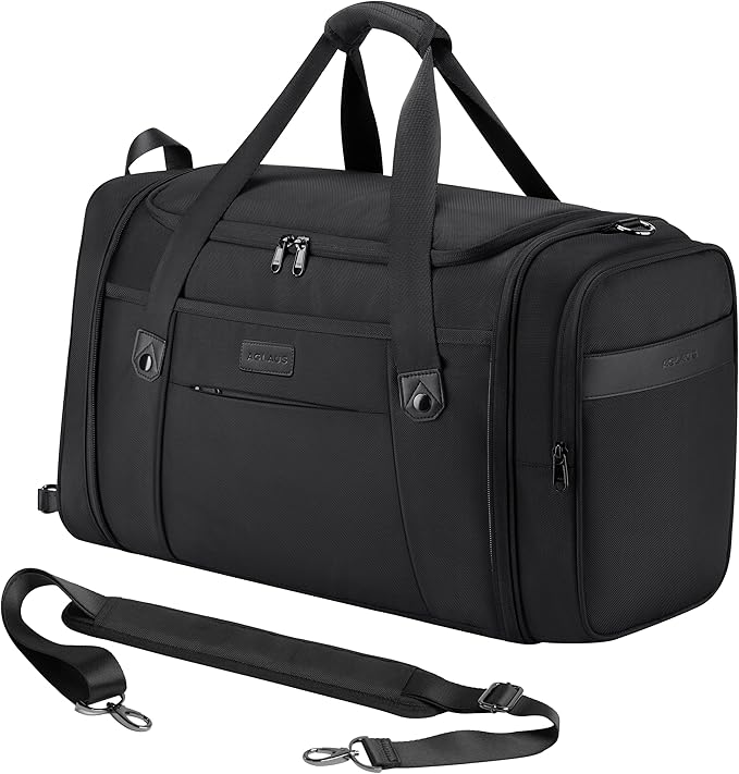 Tourenne 45L Travel Duffel Bag Foldable Weekender Sport Gym Duffle Carry On Luggage with shoe compartment wear/tear resistant water repellent 1680D Ballistic polyester - Black