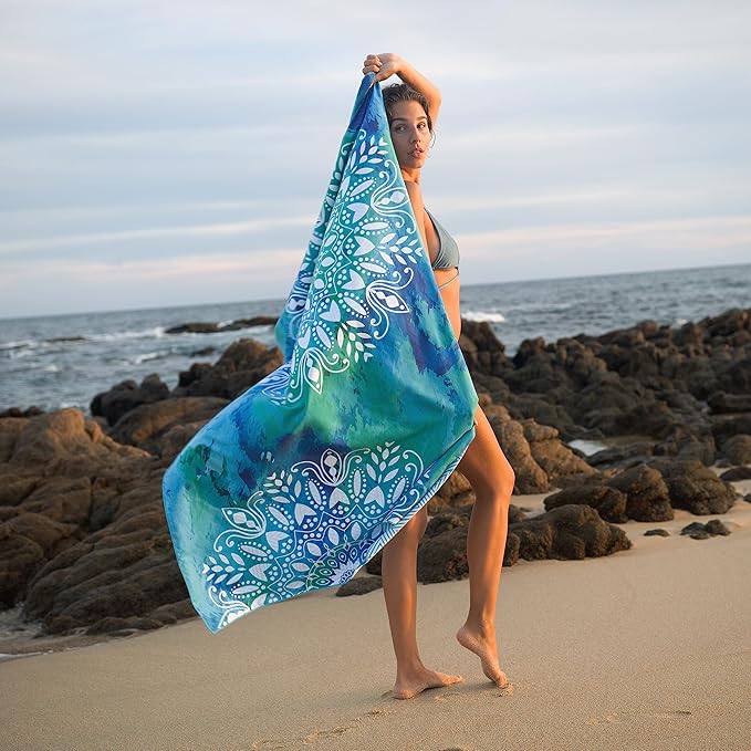 Elite Trend Microfiber Beach Towel for Adults with Bag - Extra Large 78x35 inch Lightweight Sand Free Quick Dry Towel for Travel, Swimming, Yoga, Camping (Mandala Blue)