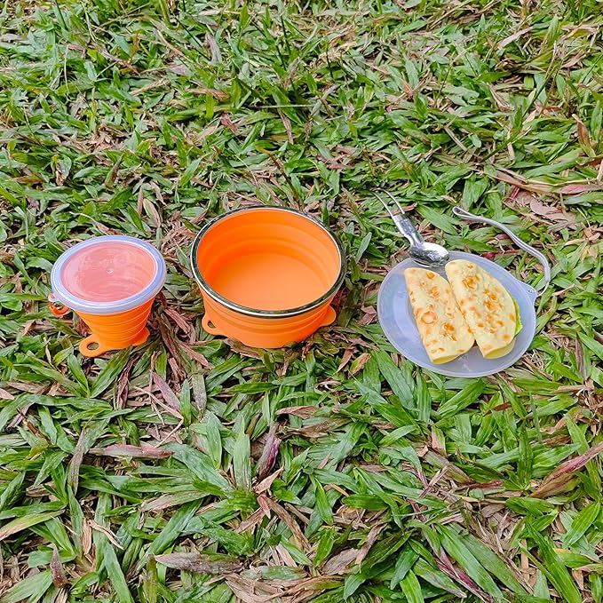 Mess Kit for Camping Silicone Collapsible Bowl Collapsible Cup and Stainless Steel Spoon for Backpacking Outdoor Hiking Traveling and Picnic - 2 Pack