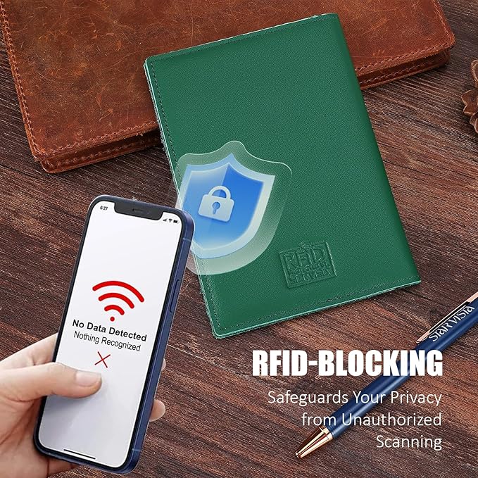 STAR VISTA Albatross Leather Travel Passport Holder, Minimalist Design, Calfskin Leather Case for Women and Men - Slim Passport Wallet, Bifold, RFID Blocking, Green