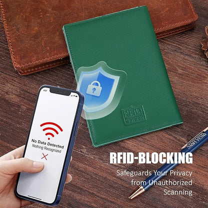 STAR VISTA Albatross Leather Travel Passport Holder, Minimalist Design, Calfskin Leather Case for Women and Men - Slim Passport Wallet, Bifold, RFID Blocking, Green