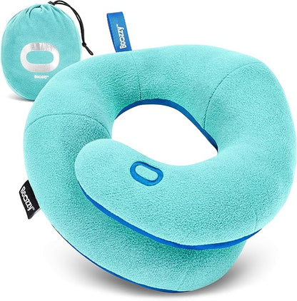 BCOZZY Kids Chin Supporting Travel Pillow for Ages 8–12- Patented Soft Neck Pillow for Head and Chin Support in Car Seat and Airplane. Comfortable Travel Essential. Small Size, Bag, Light Blue