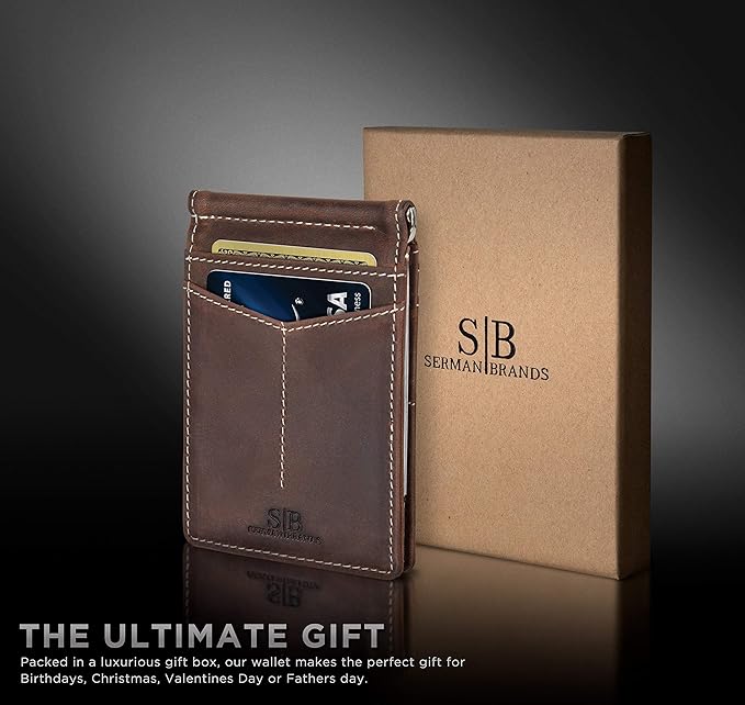 SERMAN BRANDS RFID Blocking Wallet Slim Bifold - Genuine Leather Minimalist Front Pocket Wallets for Men with Money Clip Gift (Texas Brown)