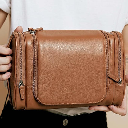 Leatherology Cognac Hanging Toiletry Kit - Double zip closure, 2 exterior side zipper pockets, water-resistant lining