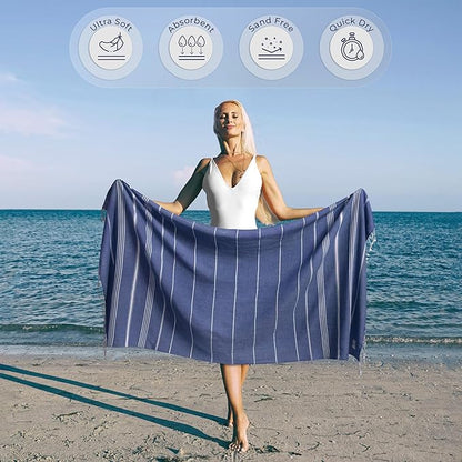 Turkish Beach Towel Compact & Soft Extra Large (39" x 71") - Quick Dry, Versatile and Functional as Yoga Mat, Picnic and Travel Blanket, Bath Towels/Vacation Essential - Indigo Blue