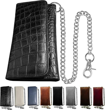 IBRO VINTAGE Motorcycle Chain Wallet for Men – Premium Cowhide Leather, RFID Tri-Fold Biker Wallet with Heavy Duty Chain for Bikers Truckers & Hunters, Credit Card Money Organizer Long Wallet