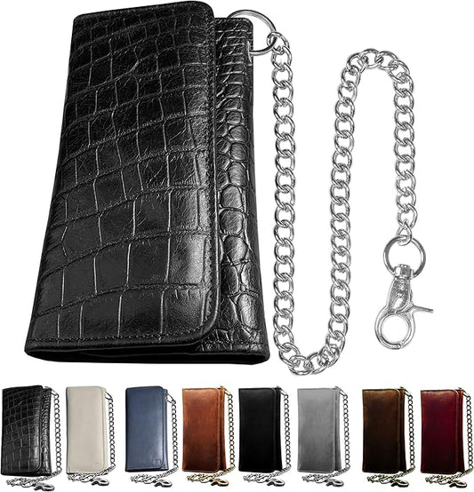 IBRO VINTAGE Motorcycle Chain Wallet for Men – Premium Cowhide Leather, RFID Tri-Fold Biker Wallet with Heavy Duty Chain for Bikers Truckers & Hunters, Credit Card Money Organizer Long Wallet