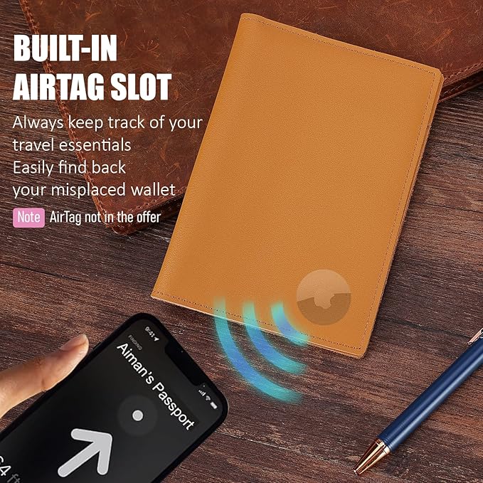 STAR VISTA Albatross Leather Travel Passport Holder, Minimalist Design, Calfskin Leather Case for Women and Men - Slim Passport Wallet, Bifold, RFID Blocking, with AirTag Holder, Honey