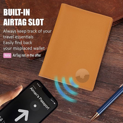 STAR VISTA Albatross Leather Travel Passport Holder, Minimalist Design, Calfskin Leather Case for Women and Men - Slim Passport Wallet, Bifold, RFID Blocking, with AirTag Holder, Honey