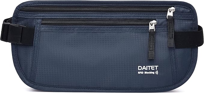 RFID Blocking Money Belt for Men Women, Slim Fanny Pack For Travel，Running,Conceal Waist Wallet For Passport Holder,Phone,Cash(Dark Blue)
