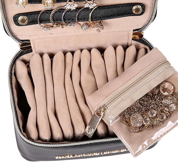 Angelina's Palace Jewelry Organizer Case Bridesmaid Gifts Travel Bag Vegan Leather Box for Necklace Earring Bracelet Ring(black)
