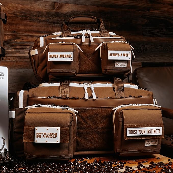 WOLFpak 20L Mini Duffle Bag for Gym & Travel | Waterproof Carry-On Weekender Bag with Shoe Compartment, Hard Bottom, and Tactical Molle System (Mocha Brown)