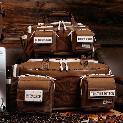 WOLFpak 20L Mini Duffle Bag for Gym & Travel | Waterproof Carry-On Weekender Bag with Shoe Compartment, Hard Bottom, and Tactical Molle System (Mocha Brown)