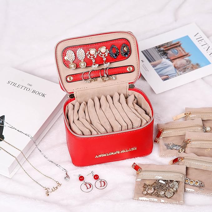 Angelina's Palace Jewelry Organizer Case Bridesmaid Gifts Travel Bag Vegan Leather Box for Necklace Earring Bracelet Ring(bright red)