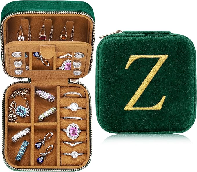 Parima Employee Gifts for Women - Appreciation Gifts Ideas, Plush Velvet Emerald-Green Jewelry Case - Letter Z, Green