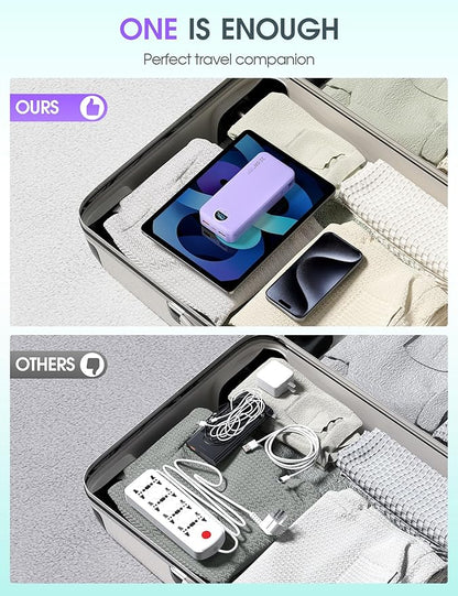 Portable Charger Power Bank, 20000mAh 22.5W USB C Fast Charging with Built-in Cables & Wall Plug, External Battery Pack with LED Display, Travel Essentials for iPhone, iPad, Samsung Purple