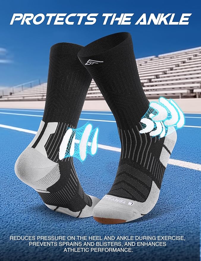 Men's Compression Running Socks: Coolmax Athletic Crew Socks Moisture Wicking Anti-Blister Cushion for Hiking 3 Pairs