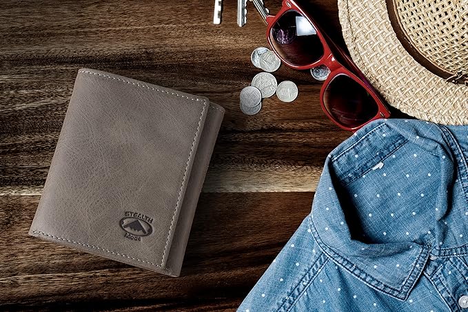 Stealth Mode Leather Trifold RFID Wallet For Men With Flip Out ID Holder (Grey)