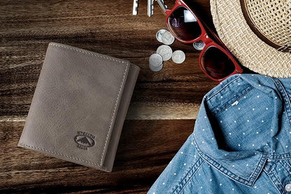 Stealth Mode Leather Trifold RFID Wallet For Men With Flip Out ID Holder (Grey)