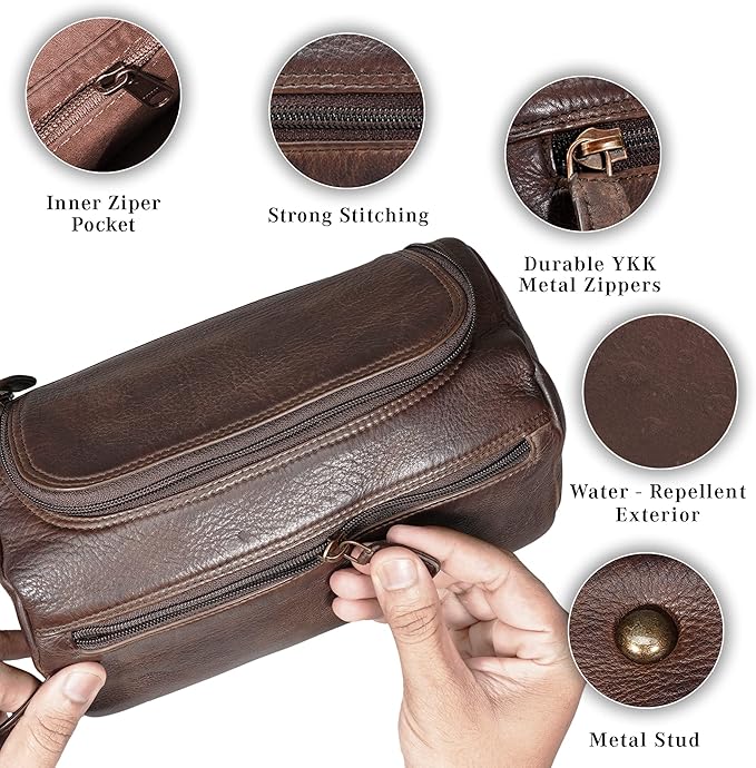 LUXEORIA Genuine Leather Toiletry Bags for Men and Women, Handmade Premium Leather Dopp Kit and Shaving Bag, Cosmetic Bag for Womens and Mens, Travel Essentials & Organizers